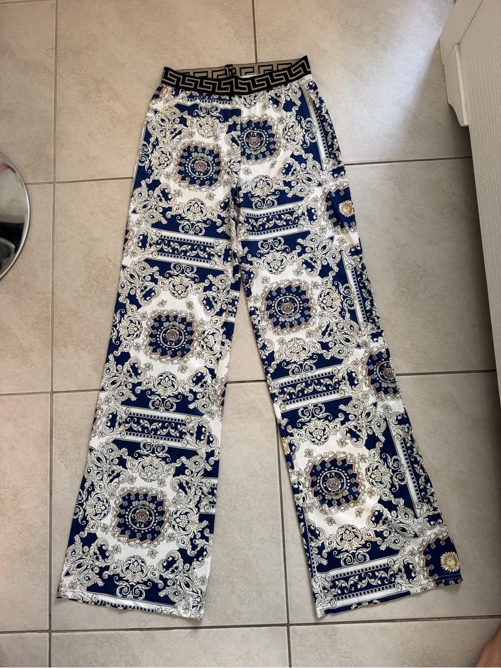 Versace Navy, White & Gold Baroque Wide-Leg Pants